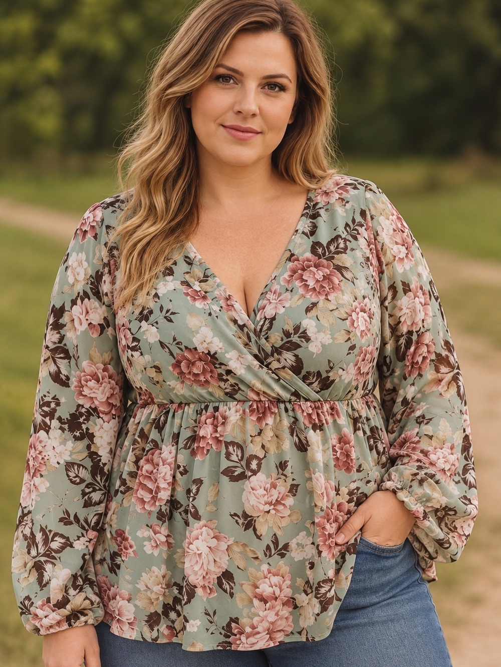 Ophelia Roe Floral Faux Wrap Blouse Women’s 2X Sage Green Long Sleeve